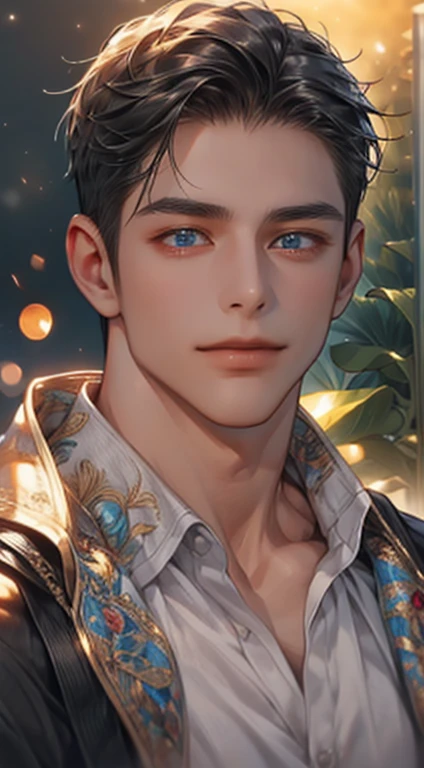 (best quality,4k,8k,highres,masterpiece:1.2),ultra-detailed,(realistic,photorealistic,photo-realistic:1.37),1 man,31 years old,mature man,very handsome,without expression,smile,short grey black hair,blue eyes,penetrating gaze,perfect face without errors,imposing posture,businessman,office background,cinematic lighting,hdr image