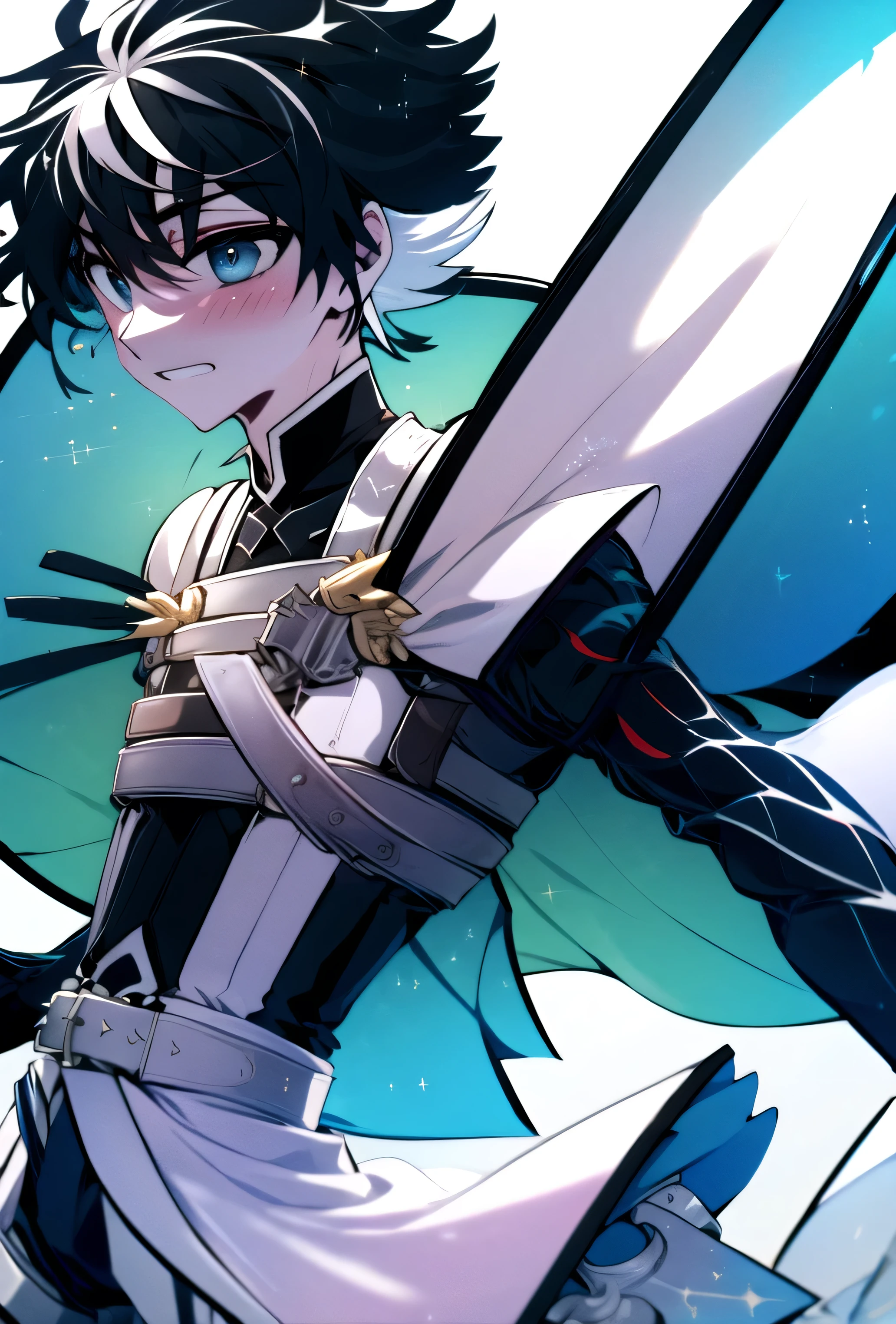 (masterpiece), (HDR), absurdres, (best quality), (ultra high quality), (hi-res), (((cowboy shot))), (1boy), solo, alone, mature, charlemagne, (blue eyes), beautiful detailed eyes, (((black hair))), multicolored hair, bishounen, BREAK, Transparent Dress, dynamic poses, dynamic angle, No background, White background, looking away from viewer, blush