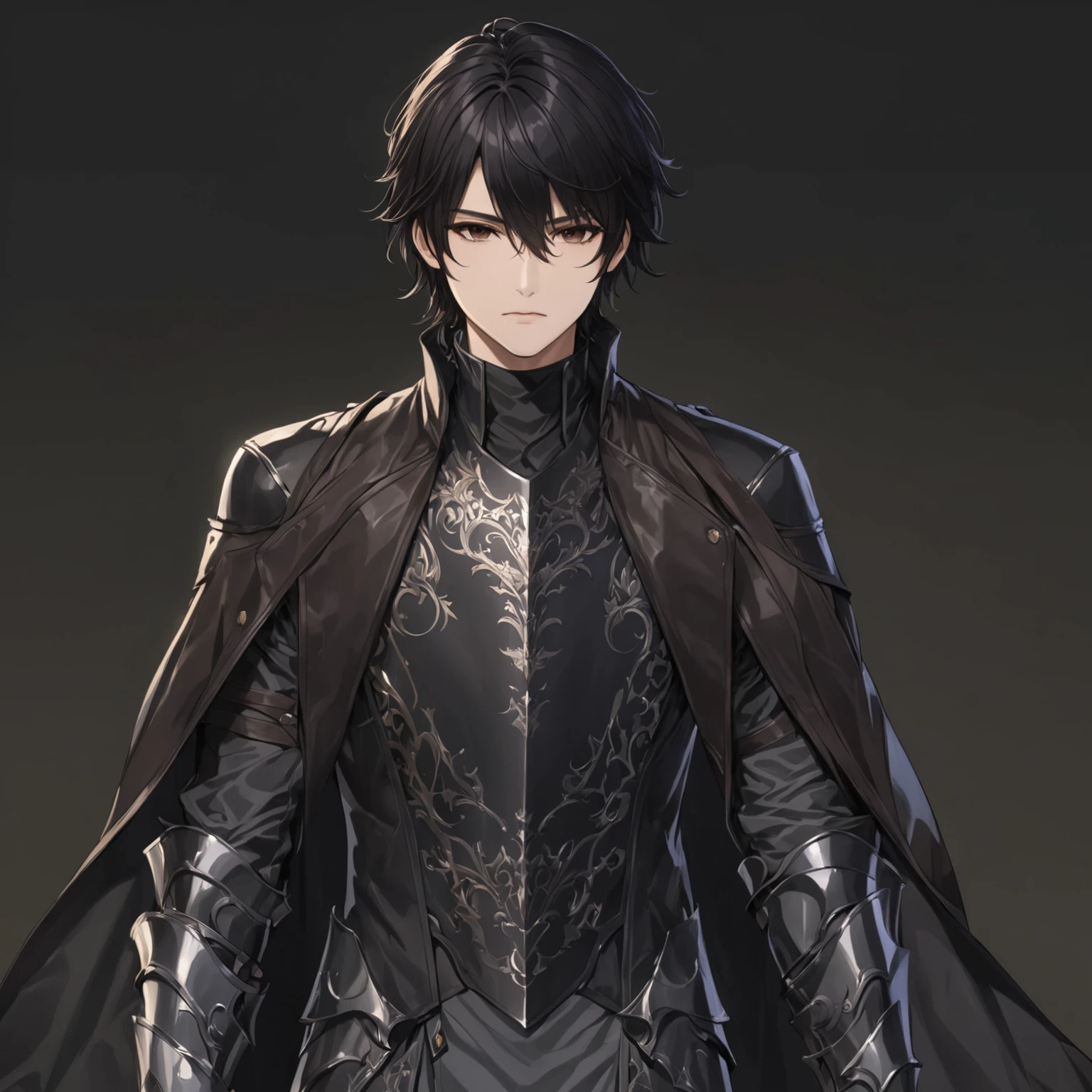 masterpiece, best quality, good quality, Highly detailed, shadowverse style, male, dark black hair, dark brown eyes. armored, elven aesthetic, overcoat, leather jacket overcoat, adult. leg on the ground, dark armored greaves. dark armored gauntlet, dark gray colored clothes
