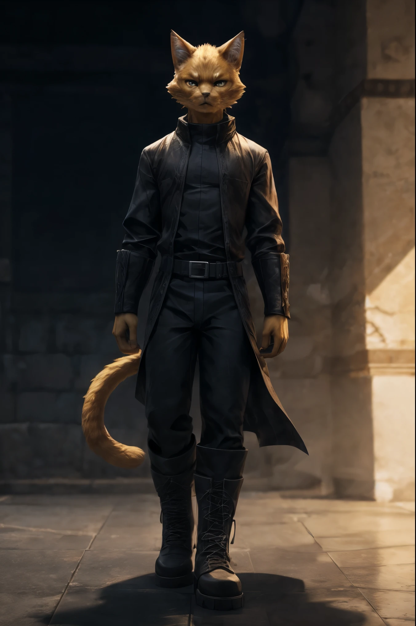 4K, ,8k, A high resolution, best qualitE, perfect colors, perfect shadows, perfect lighting, a cat man, burnt yellow fur, with full body fantasy world clothes, serious look, with black pants and boots, full viwer.