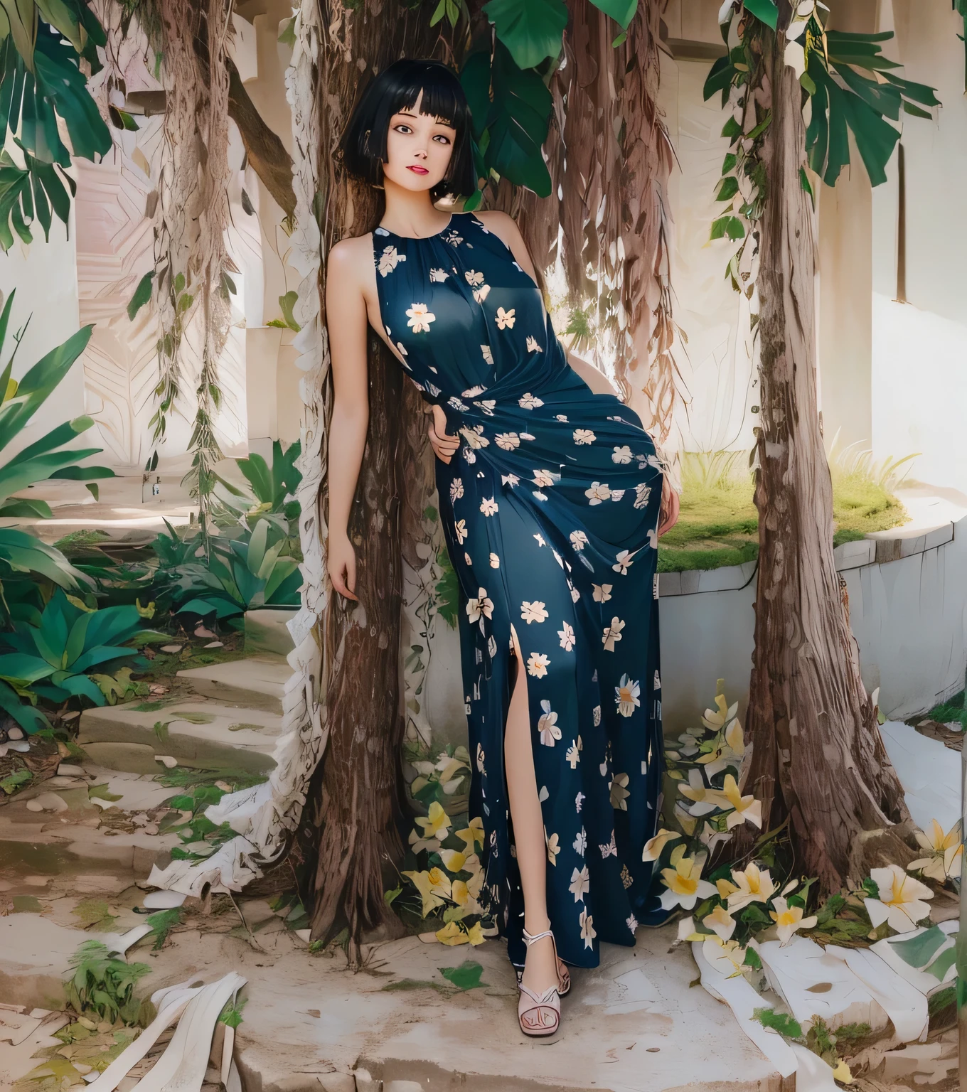 a woman in a long dress leaning against a tree, female figure in maxi dress, patterned clothingwith cream flowers full length view, elegant tropical prints, photo portrait, edited, full - length photo, full body wide shot, portrait picture, full body length shot, full length shot, full portrait, portrait shot, full body length, full body image, HD, Clear face photo with clear eyes and and short hair