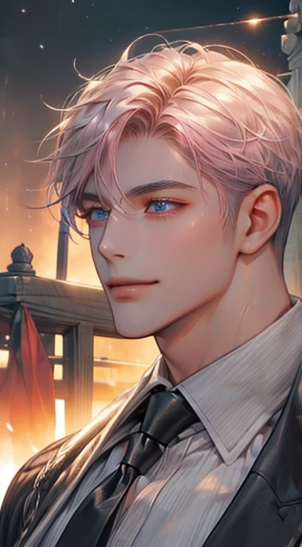 (Highest quality,4K,8K,High resolution,masterpiece:1.2),Super detailed,(Realistic,photoRealistic,photo-Realistic:1.37),1 person,31 years old,Mature Men,Beautiful skin、very handsome,Expressionless,smile,Short gray pink hair,blue eyes,Sharp Eyes,A perfect face without a doubt,Businessman,Office Background,Cinema Lighting,HDR image,tie、