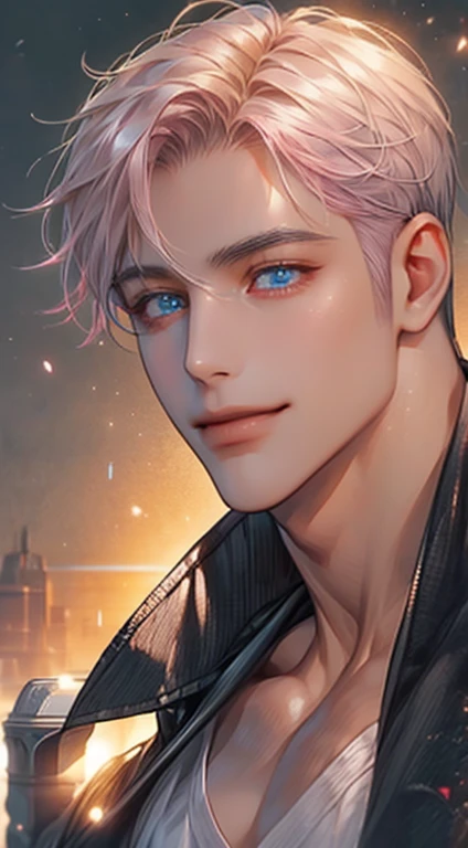 (Highest quality,4K,8K,High resolution,masterpiece:1.2),Super detailed,(Realistic,photoRealistic,photo-Realistic:1.37),1 person,31 years old,Mature Men,Beautiful skin、very handsome,Expressionless,smile,Short gray pink hair,blue eyes,Sharp Eyes,A perfect face without a doubt,Businessman,Office Background,Cinema Lighting,HDR image,tie、