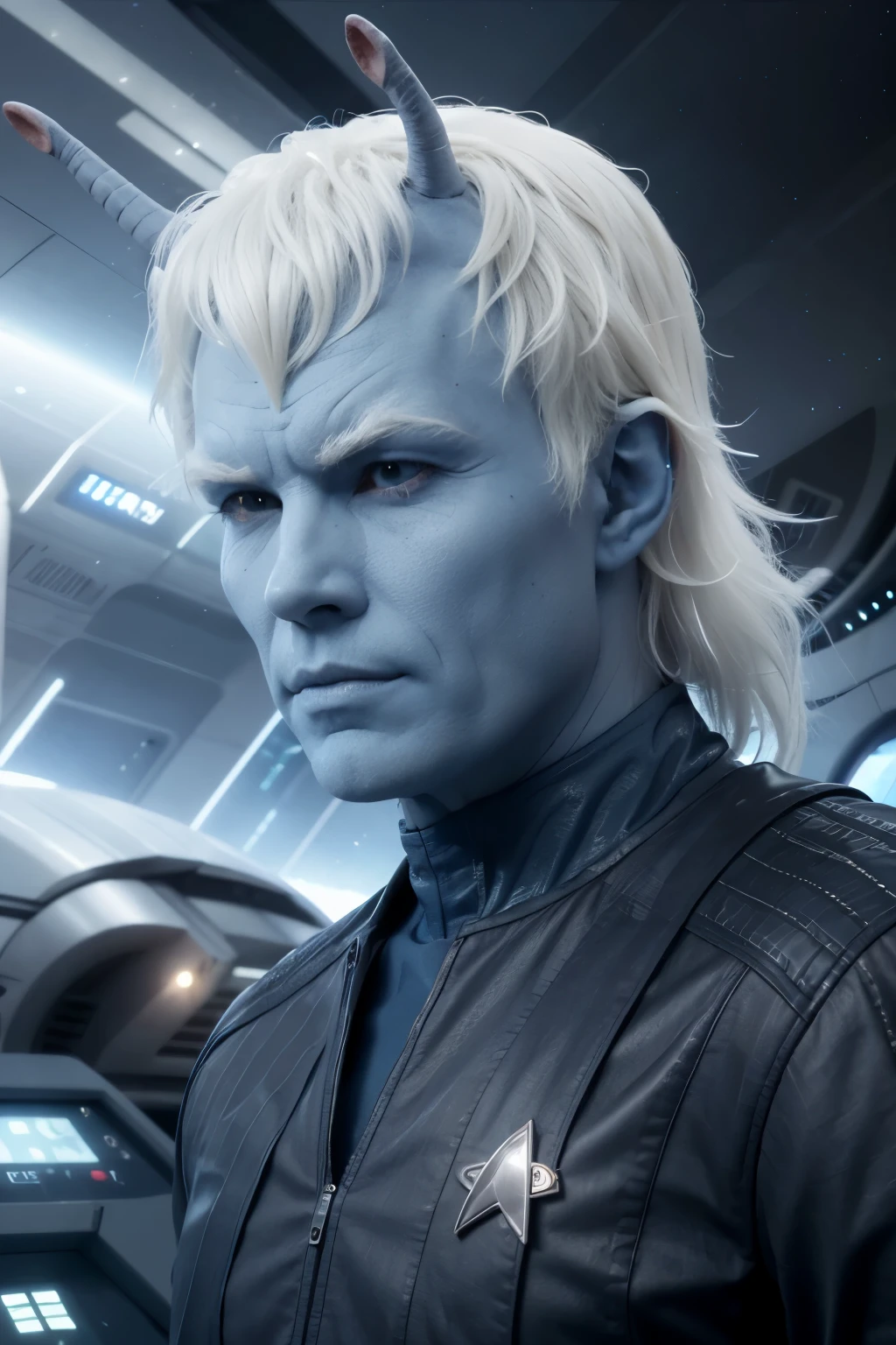 andorian man, blue skin, white hair,  antennae, scifi starship background, 