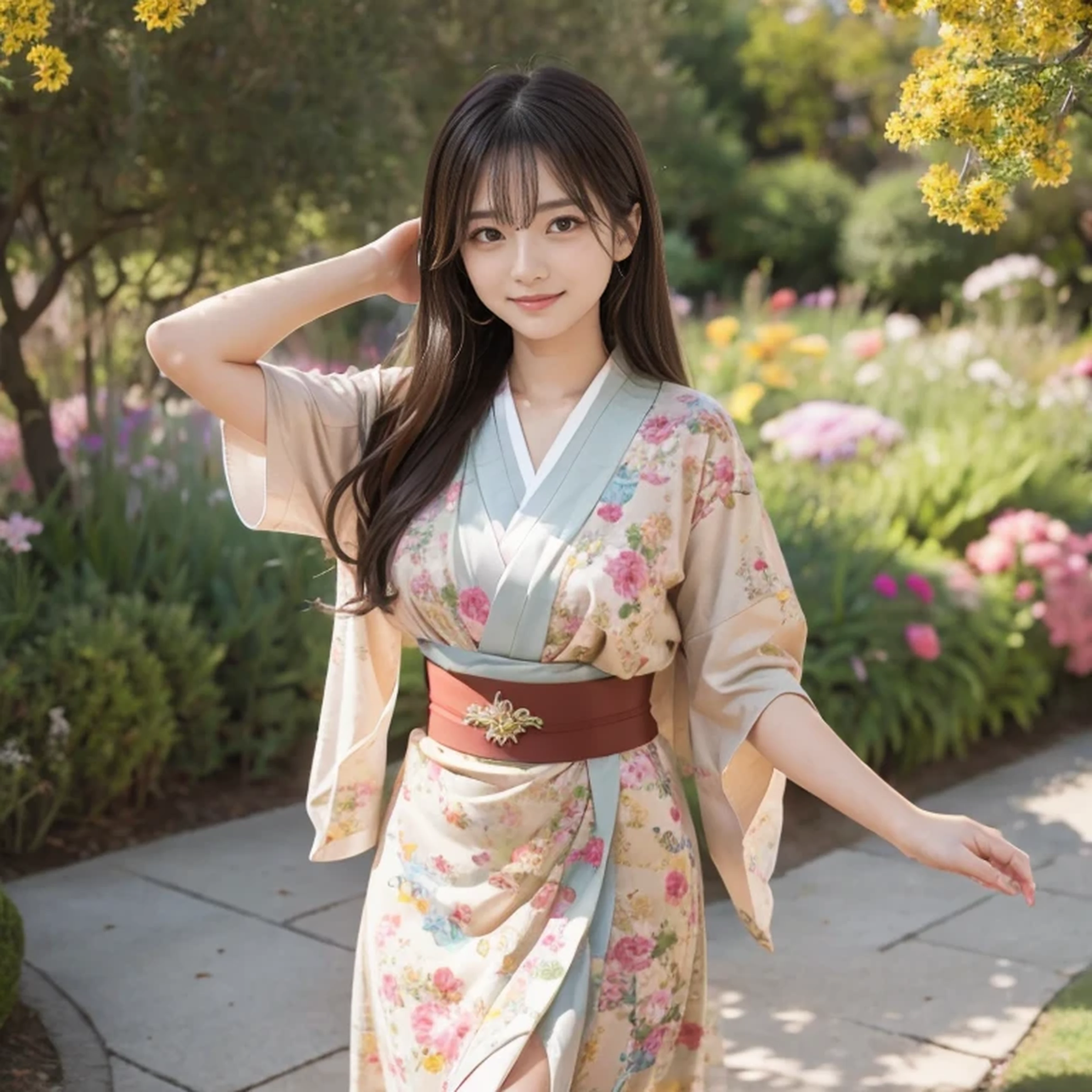 (With hair fluttering in the wind, Long eyelashes, The hem of a short skirt is dancing, Wear a kimono dyed with traditional Japanese patterns, Vibrant Background, A garden full of flowers, Soft sunlight, Clear blue sky), Create illustrations with textures that are easy to draw, realistic skin depiction, Vibrant colors, Fine shading like in the photo, Artistic portrait style, Bright and soft lighting.