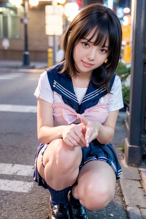 Highest quality, masterpiece, Ultra-high resolution, (reality: 1.4), Original photo, 1 female, mature, smile, short hair, Plump body, , Cinema Lighting, Exact finger count、Exact number of legs、(Exact number of arms:1.0, Exact number of hands:1.0), (Perfect hands, Perfect Anatomy), Cinematic, reality的, Extremely detailed CG, night lighting, Perfect lighting, Best Shadow, The best natural light, smile, ((Woman showing off her panties:1.3)), (school uniform, Sailor suit, Knee-high socks, loafers, Navy pleated mini skirt:1.3), (Sexy and cute panties), (Stylish shiny satin pink panties:1.2), Side tie panties, Lace panties:1, Feeling embarrassed, (blush:1.2), (Embarrassed expression:1.4), (On the streets of the entertainment district at night:1.3), Angle from the front