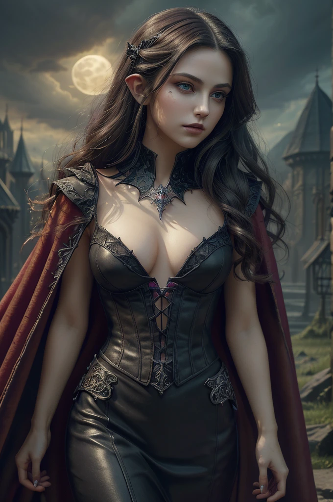 Fantasy art, Gothic art, (masterpiece:1.5), whole body, best details, very detailed, Best quality, glowing purple, a high resolution, Full-length portrait of a vampire, elf (masterpiece, Best quality: 1.6), ultra feminine, Wizard, (complex parts, masterpiece, Best quality: 1.5) with long, curly hair,  black hair hair, (red: 1.2) eyes, (Fantasy art, masterpiece, Best quality), ((Beautiful gentle face)), Ultra detailed face (complex parts, Fantasy art, masterpiece, Best quality: 1.5), [[vampire fangs 1.5]] (red cloak: 1.3) , flowing cloak (complex parts, Fantasy art, masterpiece, Best quality: 1.3), wear fancy clothes (BLUE:1.3) dress (complex parts, Fantasy art, masterpiece, Best quality: 1.5), high heel boots, City background (rich details, play up the details), Fantasy, In the Night Light, natural ,Moonlight, clouds, Gothic atmosphere, soft light, dynamic light, [[Anatomically correct]], high detail, Best quality, 8 K, [Ultra detailed], masterpiece, Best quality, (extremely detailed), Dynamic angle