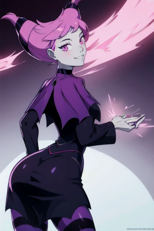 Jinx_TeenTitans,   1girl, solo, pink eyes, pink hair, grey skin, hair up, pale skin, medium hair, hair horns, choker, striped pantyhose, capelet, black dress, jewelry, smile, cape, cloak, room leaning back, posing, from behind, ass support looking at viewer, 