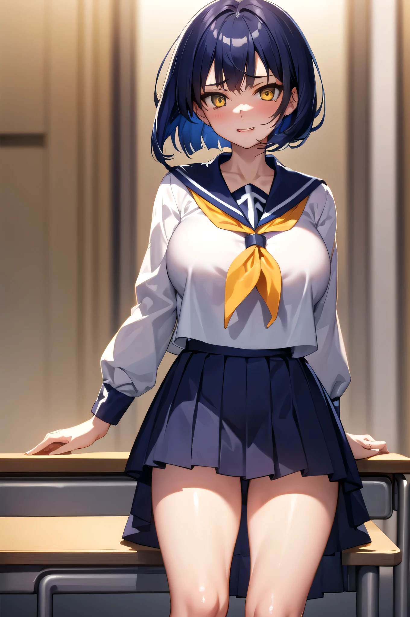 Anime Women、solo、Game CG style、masterpiece、Highest quality、High resolution、Woman with short dark blue hair、Yellow Eyes、Bobcut、scarface、Big Breasts、A woman with very large breasts、Tall Woman、clavicle、School uniforms、High school girls、Sailor suit、白いSailor suit、Navy blue sailor collar、Red neckerchief、Long sleeve、Navy Blue Skirt、Pleated skirt、Navy blue knee sockary Jane、Mouth closed、A woman is standing、School classroom、Cool vibe、Nihilistic laughter、Cowboy Shot、Perfect proportions、Female focus、looking at viewer、