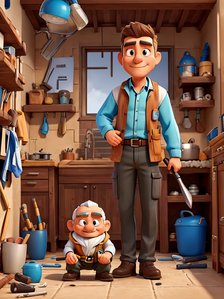 Make a style drawing "breaker" of a man with tools and that he conveys the idea of a wise man, experienced person who solves home plumbing problems and other problems that are useful at home 