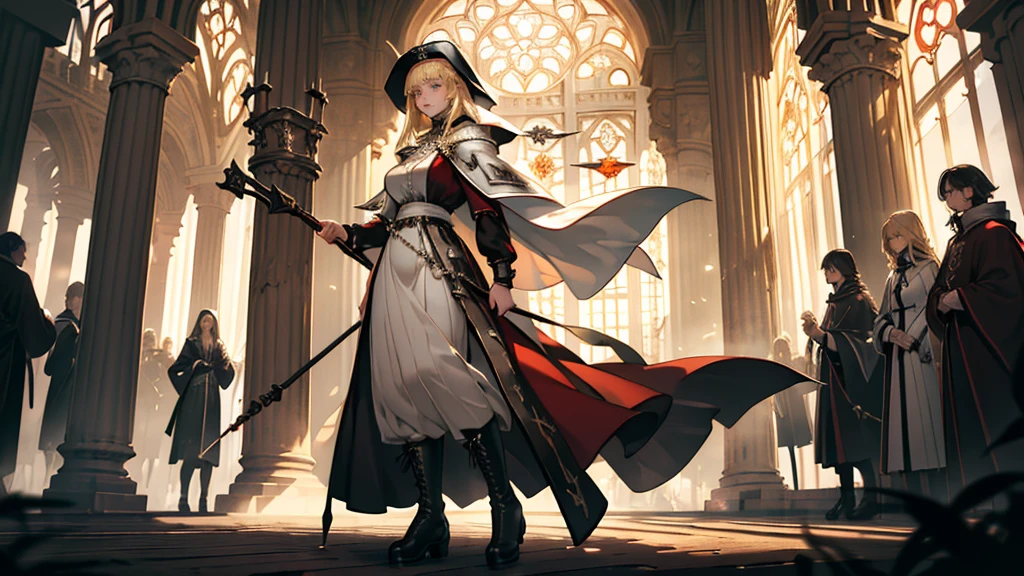 masterpiece, ultra detailed, 8k portrait, RAW photo, portrait photography, highly detailed face, beautiful and meticulous eyes, ((Fantasy)), Young beautiful, dynamic pose, kind face, smile, (((long bob Blonde hair, bangs))), ((Priest)), White skin color, simple and simple girl, wood necklace, clergy hat, (((long cloak))) fluttering in the wind, (((dark dull red oversized Priest tunic))), (((long skirt)), (((low boots))), ((holding long wood staff)), big shoulder bag, Midday Sun, hyper realistic, Body model, Big breasts, Beautiful breasts, Long legs, in the crowd, Ambient lighting, Shadow details , Camera focus on face, strong breeze, Light fog