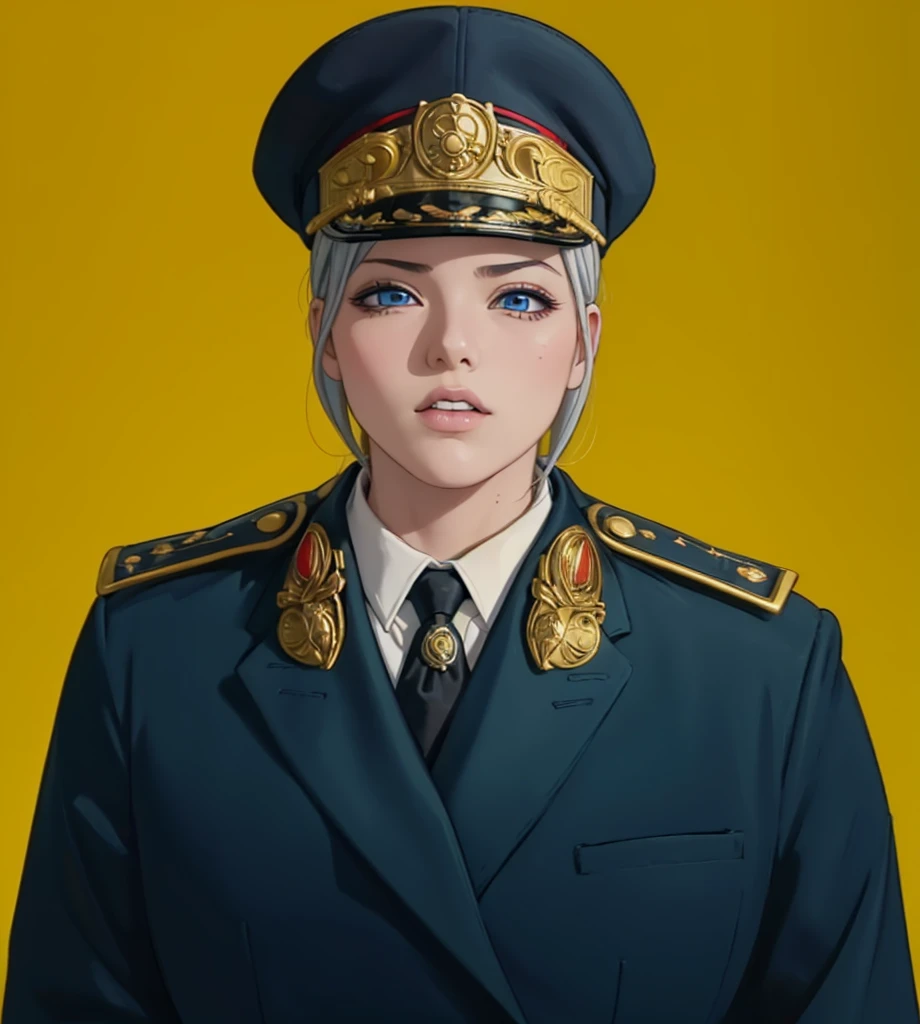 Female, (girls:1.5), (exceptional, best aesthetic, new, newest, best quality, anime, waifu:1.2), best quality, ultra detailed, absurdres, highres, colored, good anatomy, normal eyes, centered eyes, no cockeyed, no cross-eyes, pretty grey hair, blue eyes, peak cap with red part, coat, gold shoulder piece on the coat, medals, inside white shirt, black tie, golden star badge on the tie,
