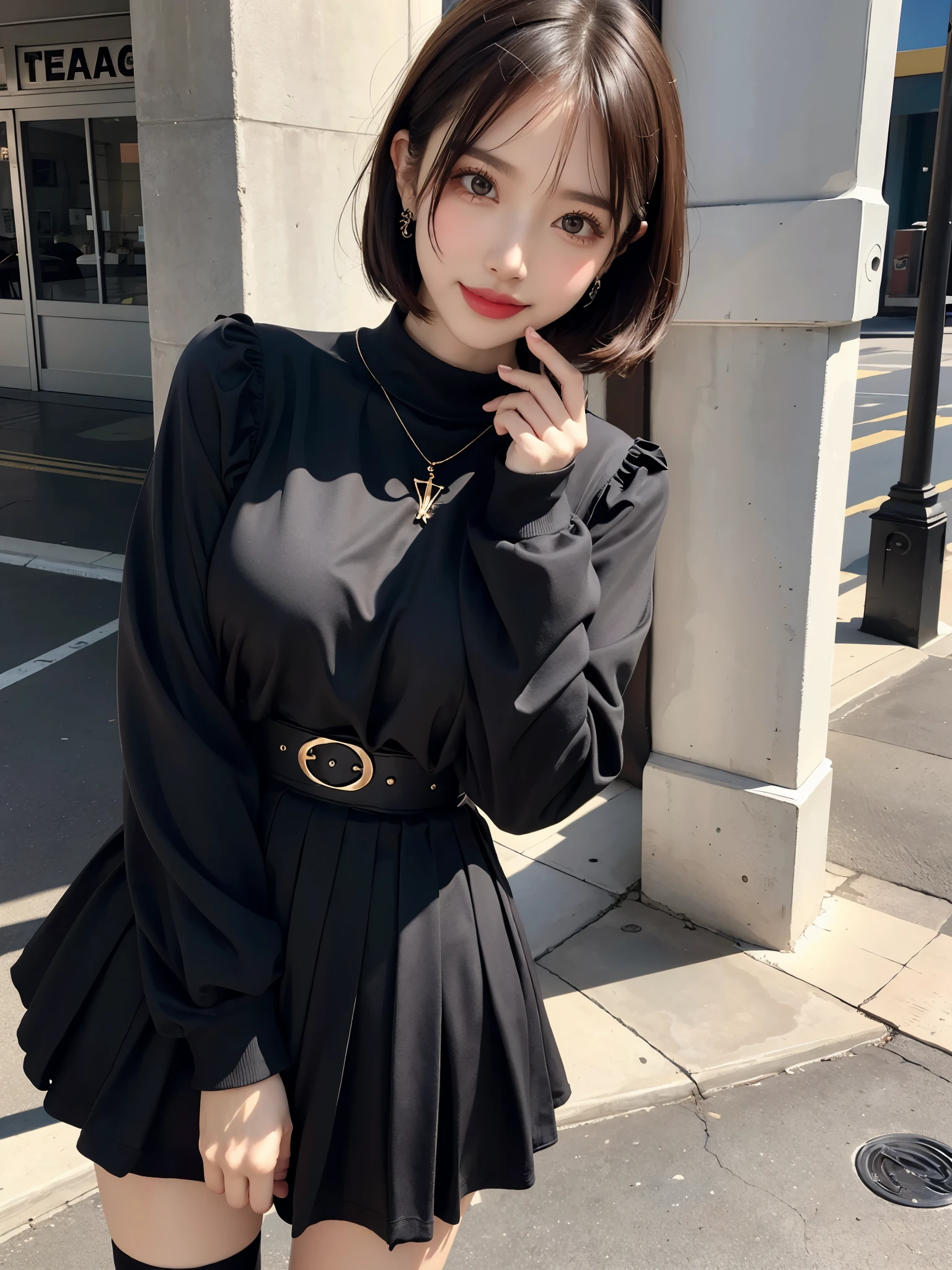 Seraph of the Black,Long sleeve,skirt,Knee socks,jewelry,Earrings,Are standing,
Highest quality, Very detailed, masterpiece, Absurd,8k,   photoRealistic, Realistic,Detailed skin texture,Detailed pupil,High resolution,Natural light,
One girl,alone,(Happy:1.1),(smile:1.2),short hair,Brown Hair,Shining Face,Large Breasts, Tight waist, Lip Makeup,In town,Wide angle,