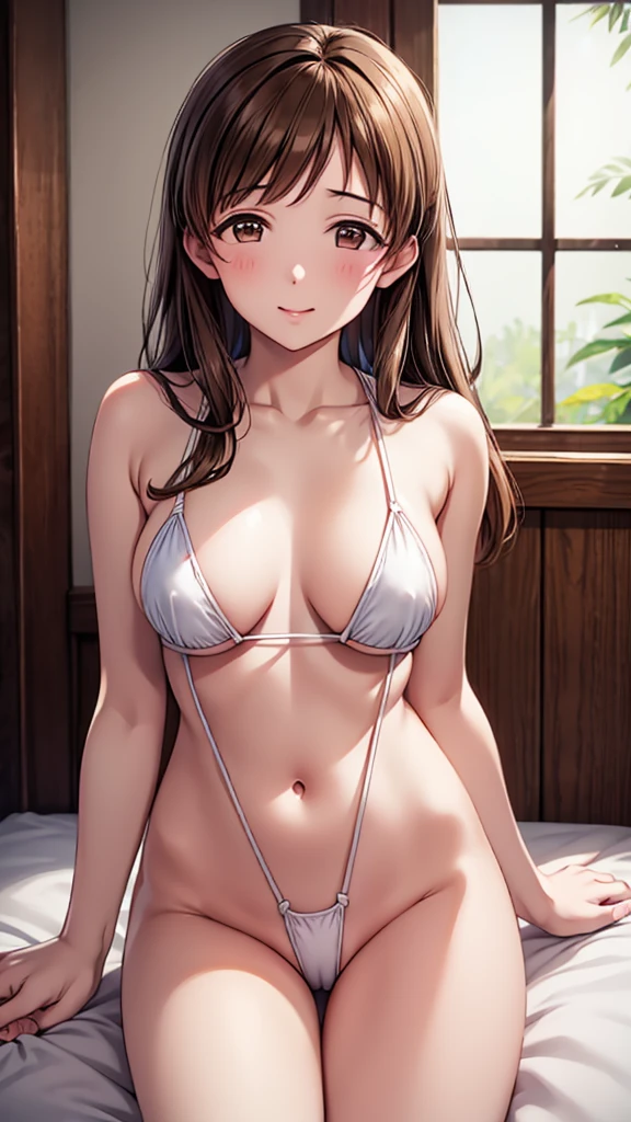 Highest quality、Masterpiece、(Bedroom、night)、(Nitta Minami、Long Hair、Mid-chest、Brown Hair、Brown eyes、Glossy Lips、Glowing Skin、Realistic skin texture、White slingshot swimsuit、Very embarrassed)、Look at me、love me、blush、Laughing with your mouth open)、(Very close、Pussy Streaks)