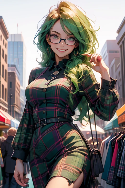 Perfect face. Perfect hands. A green haired woman with violet eyes and glasses with an hourglass figure in a plaid dress is shopping in the market with a big smile