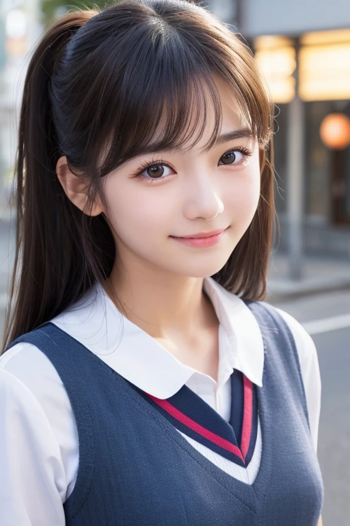 ((Cute 15 year old Japanese))、on the road、Highly detailed face、Pay attention to the details、double eyelid、Beautiful thin nose、Sharp focus:1.2、Beautiful woman:1.4、Cute Hairstyles、Pure white skin、Highest quality、masterpiece、Ultra-high resolution、(Realistic:1.4)、Highly detailed and professional lighting、nice smile、Japanese school girl uniform
