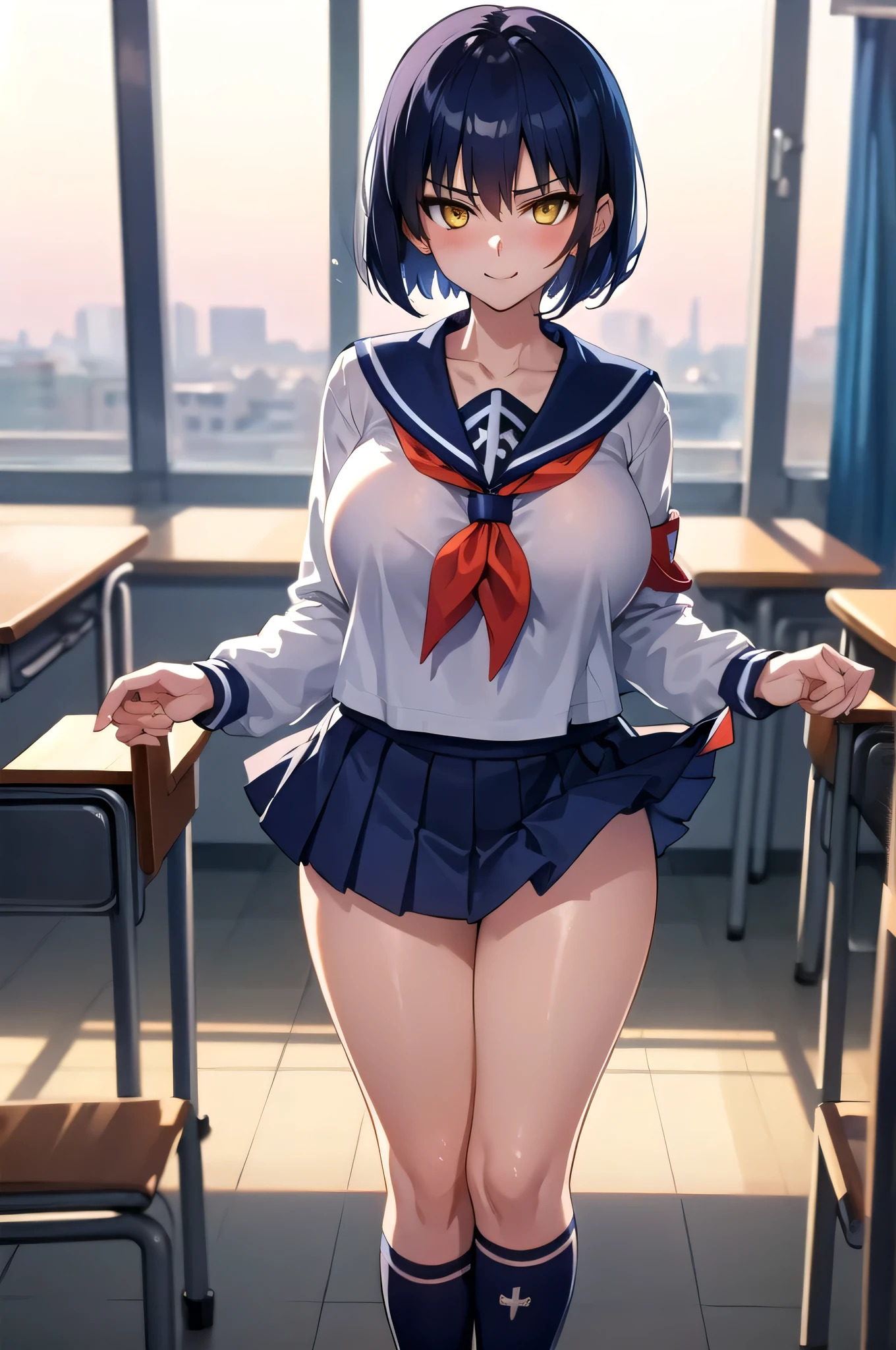 Anime Women、solo、Game CG style、masterpiece、Highest quality、High resolution、Woman with short dark blue hair、Yellow Eyes、Bobcut、scarface、Big Breasts、A woman with very large breasts、Tall Woman、clavicle、School uniforms、High school girls、Sailor suit、白いSailor suit、Navy blue sailor collar、Red neckerchief、Long sleeve、Navy Blue Skirt、Pleated skirt、Navy blue knee sockouth closed、A woman is standing、School classroom、Cool vibe、Nihilistic laughter、Cowboy Shot、Perfect proportions、Female focus、looking at viewer、