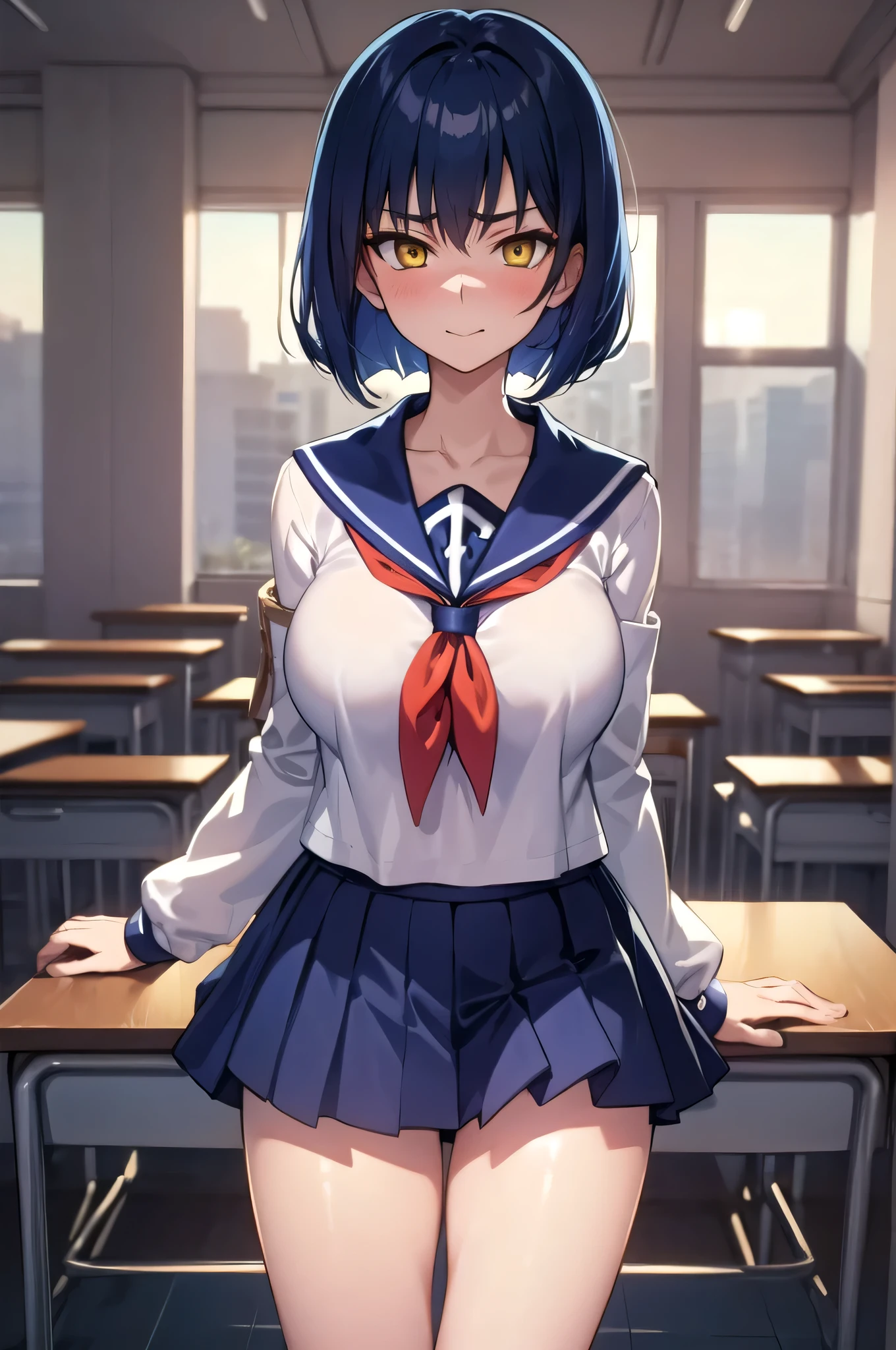 Anime Women、solo、Game CG style、masterpiece、Highest quality、High resolution、Woman with short dark blue hair、Yellow Eyes、Bobcut、scarface、Big Breasts、A woman with very large breasts、Tall Woman、clavicle、School uniforms、High school girls、Sailor suit、白いSailor suit、Navy blue sailor collar、Red neckerchief、Long sleeve、Navy Blue Skirt、Pleated skirt、Navy blue knee sockouth closed、A woman is standing、School classroom、Cool vibe、Nihilistic laughter、Cowboy Shot、Perfect proportions、Female focus、looking at viewer、