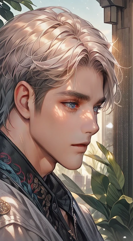 masterpiece, best quality, realistic, 1man, mature male, quiet and charming young man, 35 years old, close his eyes, serious, closed mouth, extremely detailed face, cold, ((dark grey blue eyes)), ((short-right-swept dark grey pink hair)), [thick eyebrows], ((hunter)), accurate, detailed, ((town))