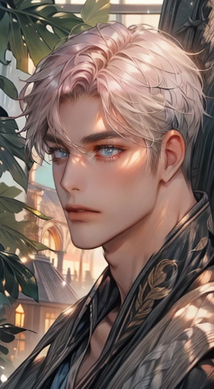 masterpiece, best quality, realistic, 1man, mature male, quiet and charming young man, 35 years old, close his eyes, serious, closed mouth, extremely detailed face, cold, ((dark grey blue eyes)), ((short-right-swept dark grey pink hair)), [thick eyebrows], ((hunter)), accurate, detailed, ((town))