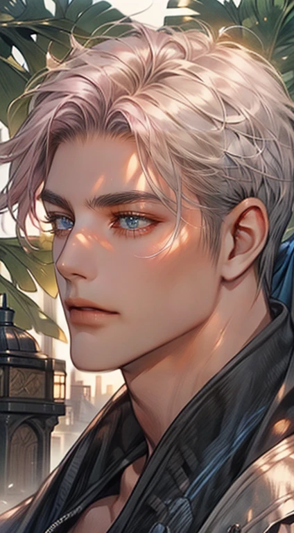 masterpiece, best quality, realistic, 1man, mature male, quiet and charming young man, 35 years old, close his eyes, serious, closed mouth, extremely detailed face, cold, ((dark grey blue eyes)), ((short-right-swept dark grey pink hair)), [thick eyebrows], ((hunter)), accurate, detailed, ((town))