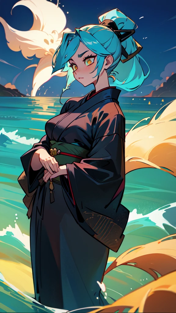 female, front view, golden eyes, ocean blue hair, big bust, black kimono, perfect body, hair ponytail, sharp eyes, sexy look, 9 fox tail,
