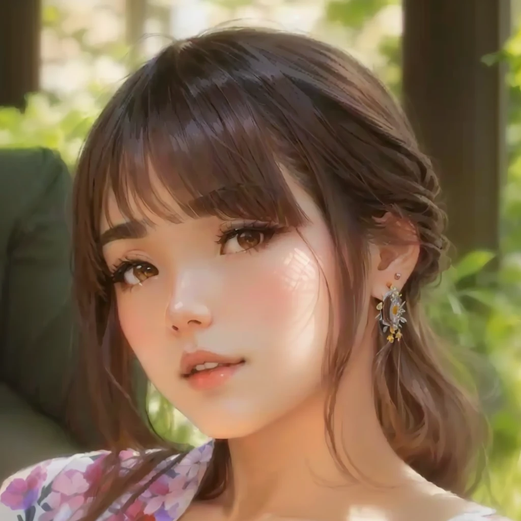 Close up portrait of woman with flower dress and earrings, Larisa Manovar, neat hair With bangs, Yoshitomo Nara, sakimi chan, Beautiful Korean Women, With bangs, Center parted bangs, Beautiful Japanese girl face, brown hair With bangs, Brown bangs, Fluffy bangs, ちほ Sitting with Knees Up on sofa at living, spread legs
