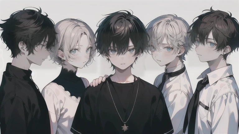 (Masterpiece), (Best Quality), Very detailed, (( 7 Friends:1.5)), Perfect Face, Beautiful Face, Very detail, (short Black-haired man), (short Silver-haired man), (short Blonde-haired man), (short Dark-curly haired man), (short Golden-haired man), (short Brown-haired man), (short White-haired man)、white shirt、standing at a distance, facing away from the camera