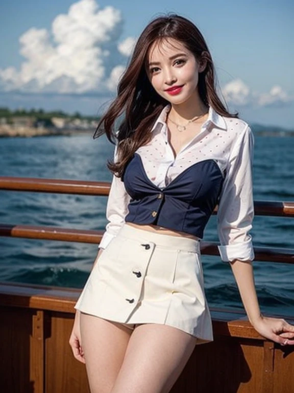 Gray background、pubic hair、Large Breasts、Thighs、Red lipstick、Cute woman、high school girl、White shirt、(Navy blue skirt)、smile、Open chest shirt、(A polka dot shirt that was wet and showed her underwear)、Wet Hair、Gazing at the sea、smile、On the boat、Raising his arms、Looking from below、ponytail、