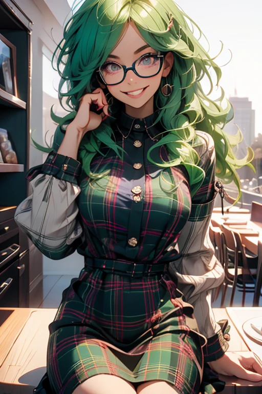 Perfect face. Perfect hands. A green haired woman with violet eyes and glasses with an hourglass figure in a plaid dress is eating lunch with a big smile