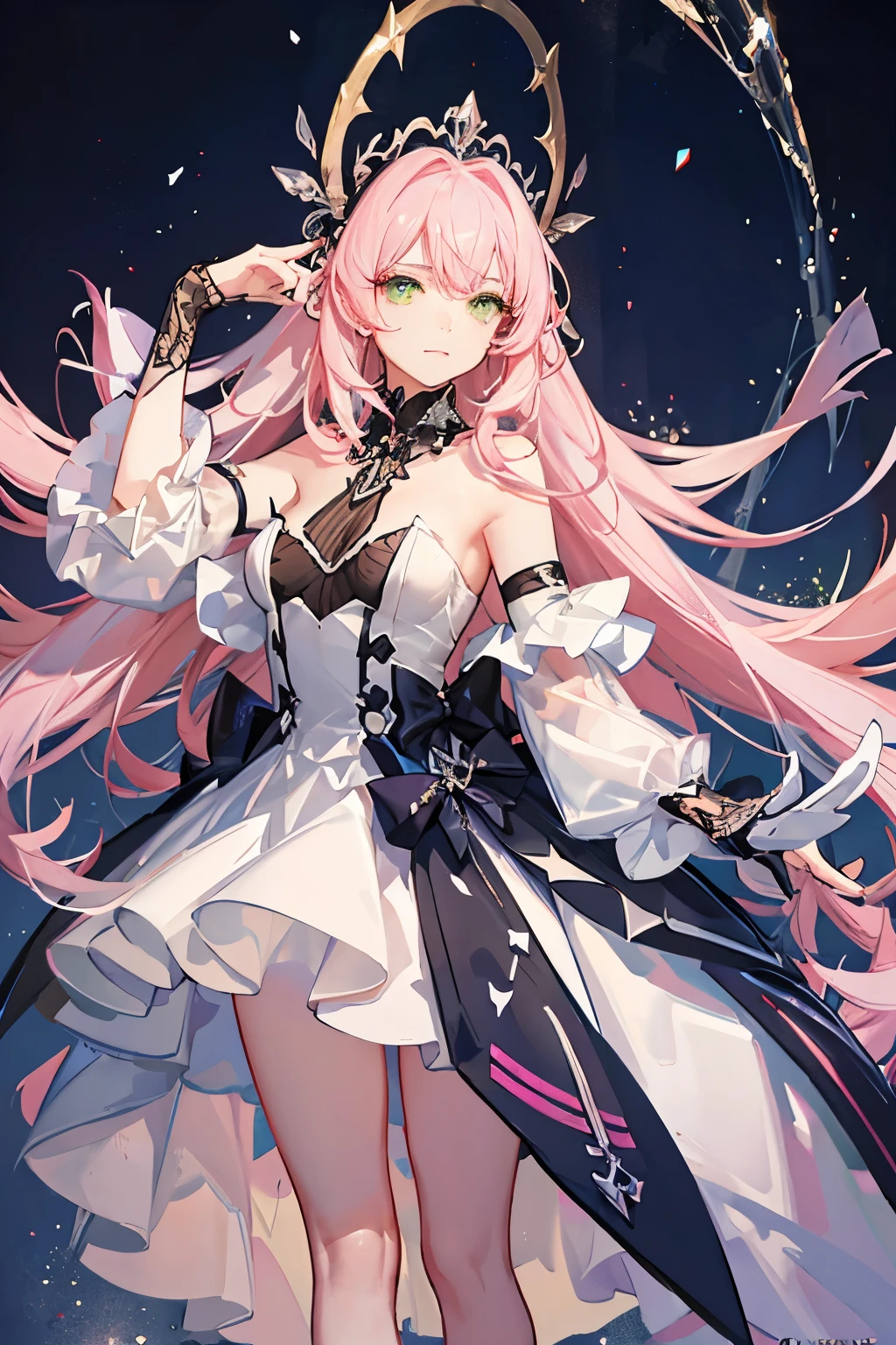 A beautiful girl with long pink hair and black locks, dull green eyes, a relaxed expression, slanted eyes, holding a white light in her right hand, wearing a white suit with pink and black accents, cinematic lighting, hyper realistic, 8k, high quality, detailed, masterpiece, photorealistic, sharp focus, vivid colors, dramatic lighting, elegant pose, fantasy, magical, mystical