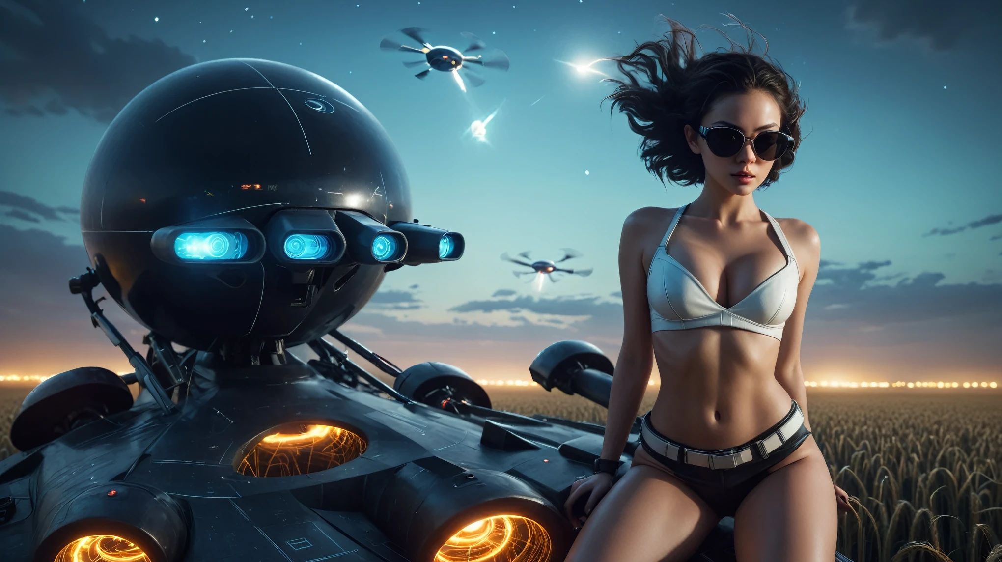 Aerial view, (flying vehicle), sci-fi outdoor crop circle maze as background. Matrix style, at night, dark sky. (1girl, solo), photo realistic, large-breast:1.2 slim:0.9 body, cleavage:1.2, tube top, miniskirt, (matrix style black sunglasses), (holding a mini:1.1 stun gun), half-body thigh level medium shot, cinematic lighting, ray tracing.
