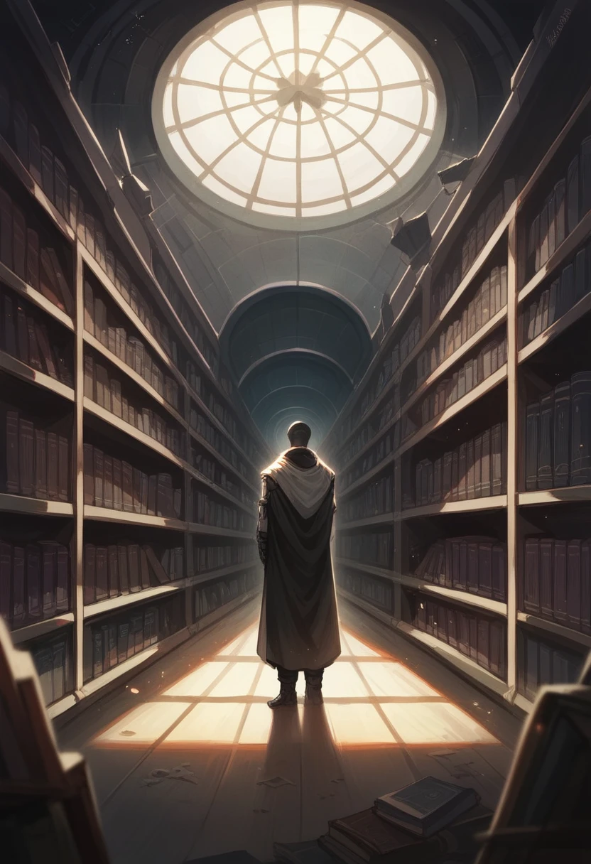 background, architectural photograph, library, Moment of Despair, black background, inside, fantasy, wide shot, dust effect