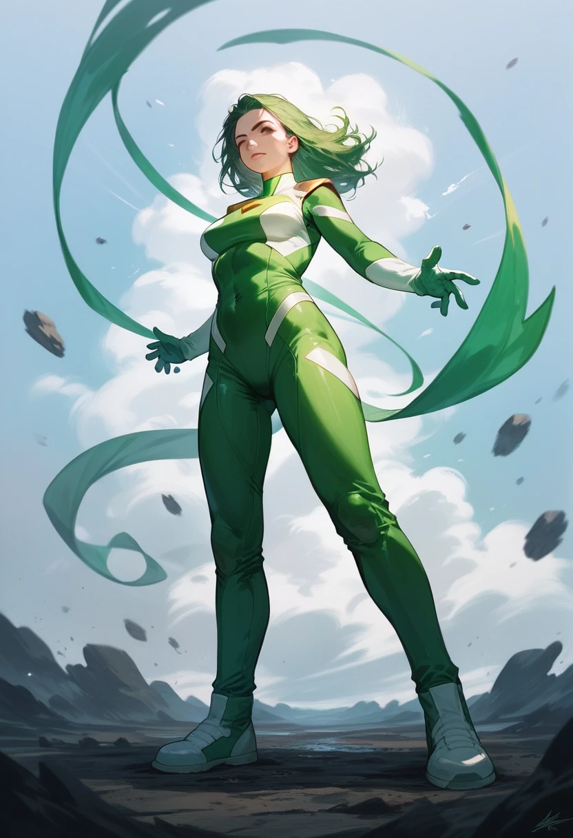 4K, realistic, charming, very detailed, There is a girl in the sky, Wear Power Rangers, She's a Power Ranger., Super Hero Theme, green hair, 25 years old, full body