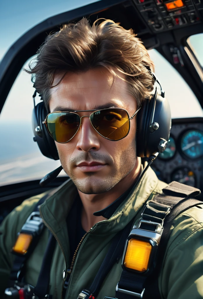 a man piloting a helicopter, detailed realistic portrait of a pilot, handsome man with sharp features, square jaw, piercing eyes, focused expression, wearing aviator sunglasses, tousled hair, flight suit, cockpit of a helicopter, blurring rotor blades, glowing dashboard lights, cinematic lighting, dramatic contrast, hyper detailed, photorealistic, 8k, award winning digital art