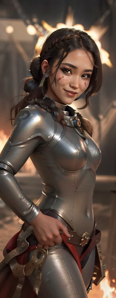 Photo of adepta sororitas, argent shroud, full armor, full metal armor, Christina Chong beautiful face, narrowed eyes. smirk. black braided hair with narrowed eyes, wearing intricate ornamented metal armor, stern face,, solo, (female:1.2), epic, platinum white armor, white pelvic curtain, bronze trimmings, , facial scar, iron halo, ((upper body:1.3)) focus, close-up, banner background,