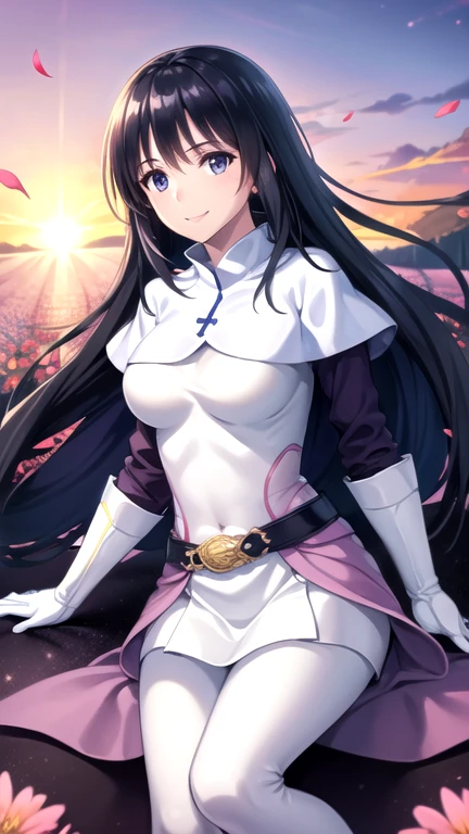 photorealistic, (4k), depth of field, (masterpiece), (realistic skin texture), extremely detailed, Intricate, hyper detailed, Professional photography, bokeh, High resolution, sharp detail, Best Quality, Girl, White shirt, white coat, Black pants, by the wide, black fur, dark blue eyes, white gloves, purple belt, lying, light smile, (field of flowers:1.3) Windy, Sunset, (petals),