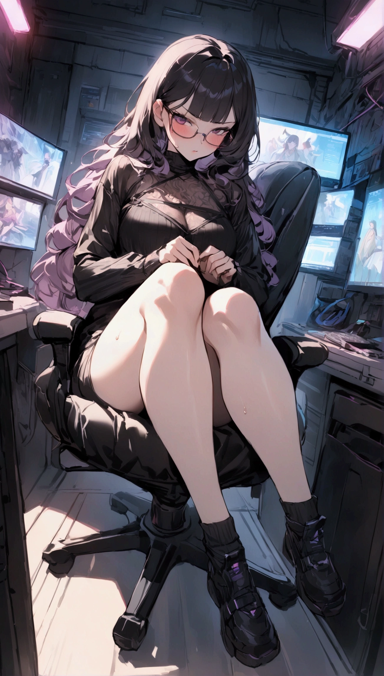 Dynamic composition,dutch angle,full body,Focus on legs,{{masterpiece}}, {{{Highest quality}}},{{Very detailed}},cyberpunk,1girl,30years old,{Mature Woman}},otaku obsessed with fighting geeks,,{{Sit on a chair and take a rest}},long-sleeved blouse,Shorts,Short socks,glasses,clavicle,,{{v-shaped eyebrows}},Bad mood,blush,Sweat,raise one's eyebrows　,{{View your viewers}}、long hair,Blunt bangs ,indoor、Computer Room