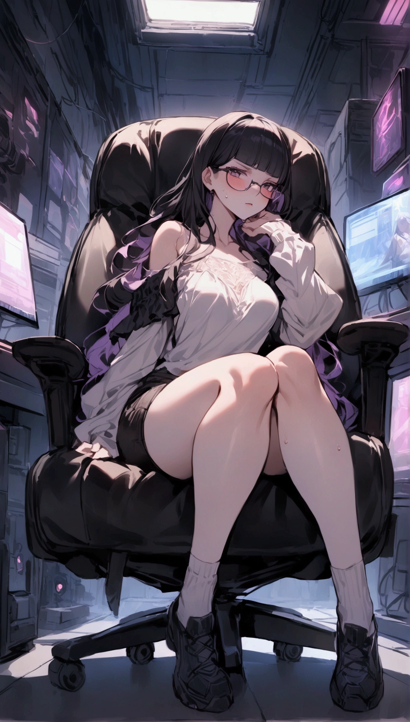 Dynamic composition,dutch angle,full body,Focus on legs,{{masterpiece}}, {{{Highest quality}}},{{Very detailed}},cyberpunk,1girl,30years old,{Mature Woman}},otaku obsessed with fighting geeks,,{{Sit on a chair and take a rest}},long-sleeved blouse,Shorts,Short socks,glasses,clavicle,,{{v-shaped eyebrows}},Bad mood,blush,Sweat,raise one's eyebrows　,{{View your viewers}}、long hair,Blunt bangs ,indoor、Computer Room