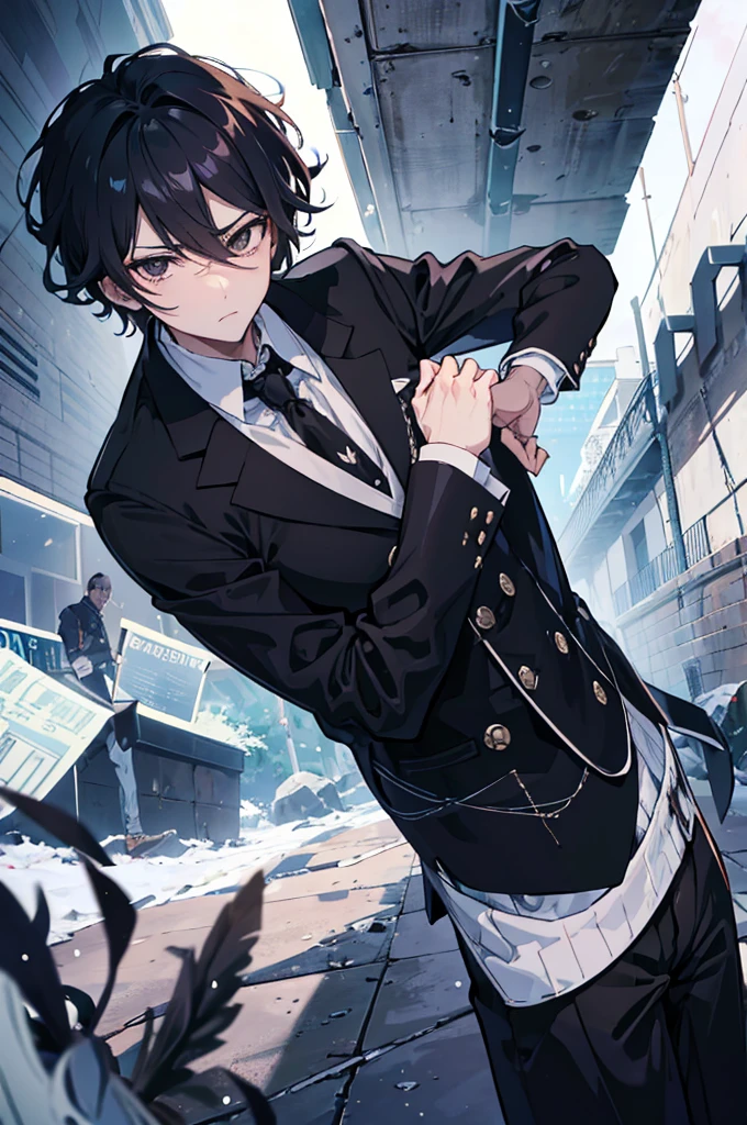 초상화, Face_through_torso, arcanepunk, ((남성)), Gentleman, Black short Seaweed Hair, wavy_hair, hair_between_eyes, brown_eyes, scornful_face, nervous butler, 모노클, Butler's suit, wearing white cotton gloves on one's hand, holding a large broom with both hands