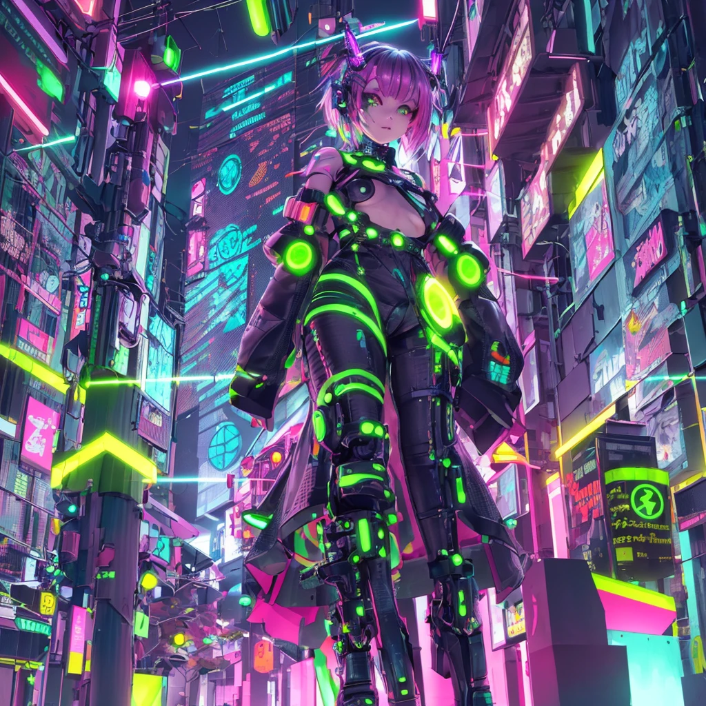 a cute chibi character,cyberpunk outfit,detailed futuristic fashion,intricate neon cybernetic details,glowing cybernetic implants,complex geometric patterns,dynamic pose,bright neon colors,chiaroscuro lighting,cinematic atmosphere,highly detailed,8k,photorealistic,masterpiece