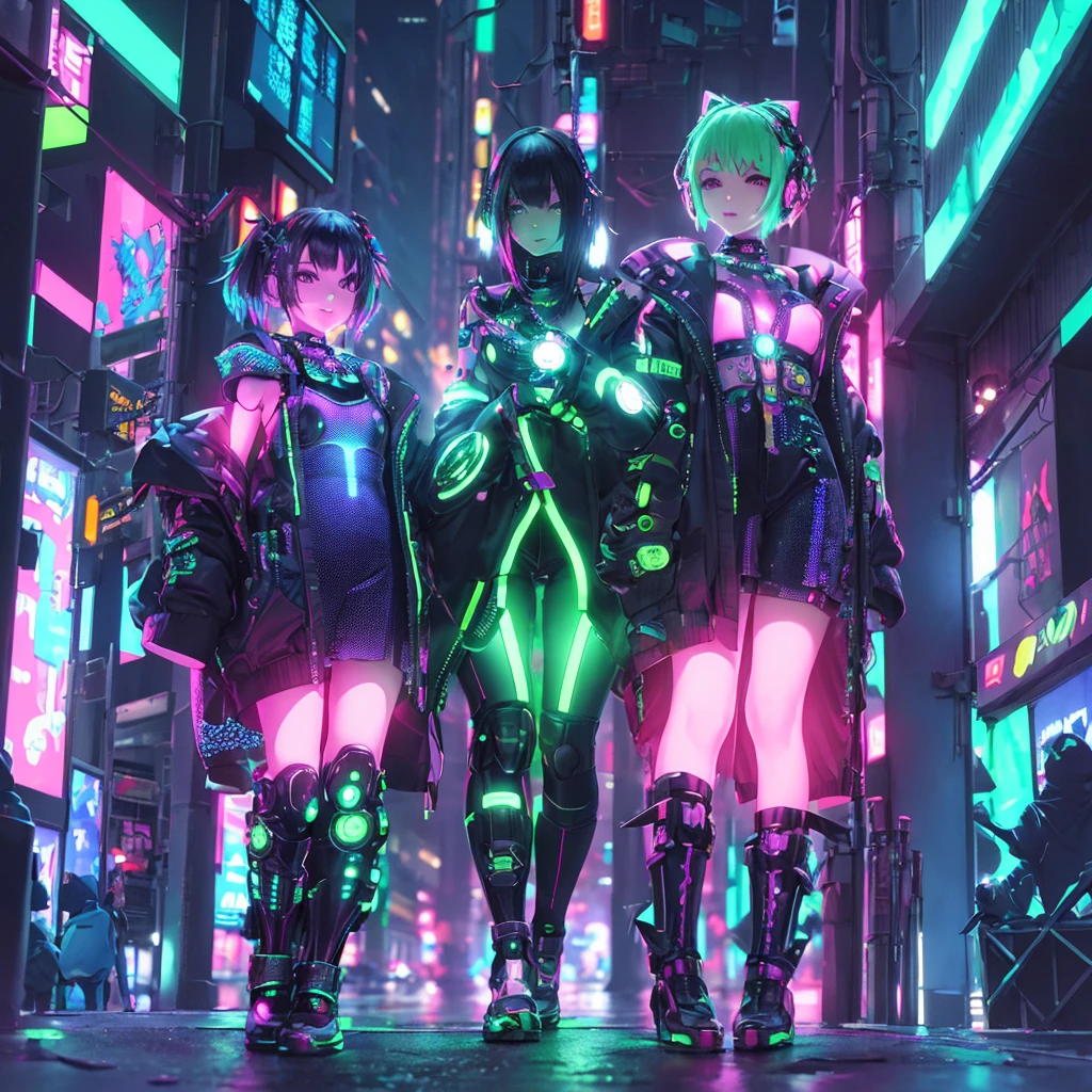 a cute chibi character,cyberpunk outfit,detailed futuristic fashion,intricate neon cybernetic details,glowing cybernetic implants,complex geometric patterns,dynamic pose,bright neon colors,chiaroscuro lighting,cinematic atmosphere,highly detailed,8k,photorealistic,masterpiece
