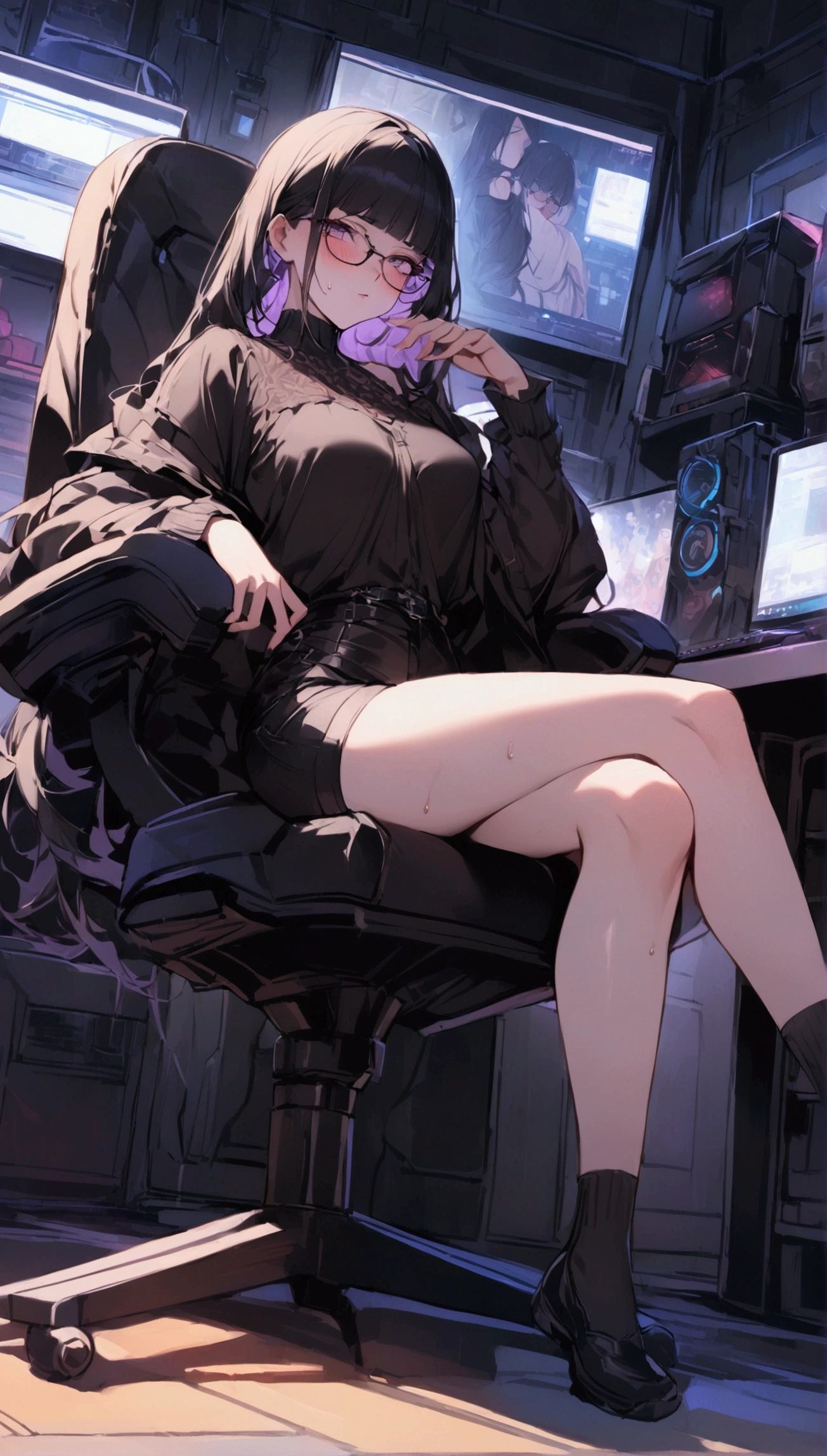 Dynamic composition,dutch angle,full body,Focus on legs,{{masterpiece}}, {{{Highest quality}}},{{Very detailed}},cyberpunk,1girl,30years old,{Mature Woman}},otaku obsessed with fighting geeks,,{{Sit on a chair and take a rest}},long-sleeved blouse,Shorts,Short socks,glasses,clavicle,,{{v-shaped eyebrows}},Bad mood,blush,Sweat,raise one's eyebrows　,{{View your viewers}}、long hair,Blunt bangs ,indoor、Computer Room