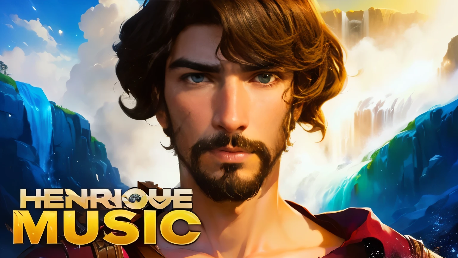 a drawing of Jesus with a beard and a beard in front of a waterfall, tragic, epic art style, classicism art style, epic music album cover, heroic figure, epic, epic, fantastic art style, epic splash cover art, epic exquisite character art, epic art, epic album art cover, Stoic attitude, risk, animated film, Prince of Egypt, remove the name Henrique music from the image