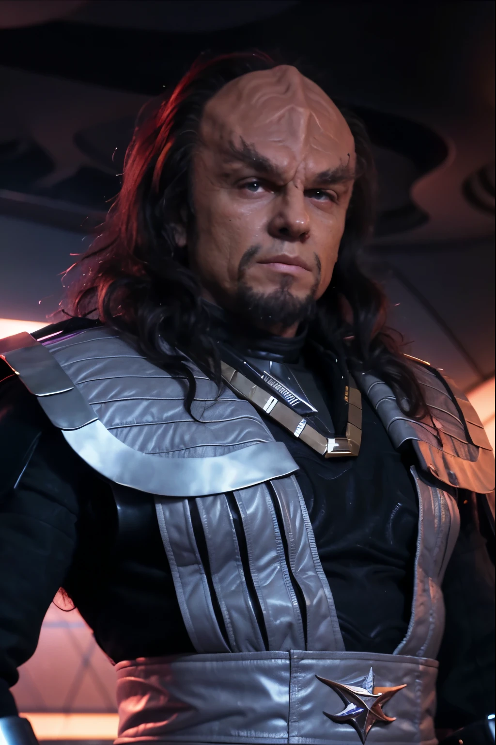 headshot of a klingon man, forehead ridge, thick eyebrows, dark skin, leather armor, sash, sci-fi starship background, 