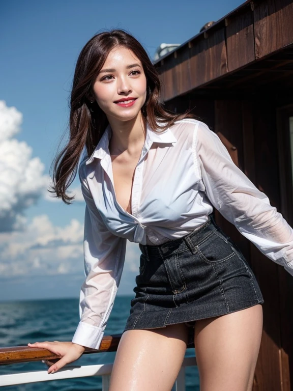 Gray background、pubic hair、Large Breasts、Thighs、Red lipstick、Cute woman、high school girl、White shirt、(Navy blue skirt)、smile、Open chest shirt、(A polka dot shirt that was wet and showed her underwear)、Wet Hair、Gazing at the sea、smile、On the boat、Raising his arms、Looking from below、Cloud、blue sea、Hair tousled by the wind、