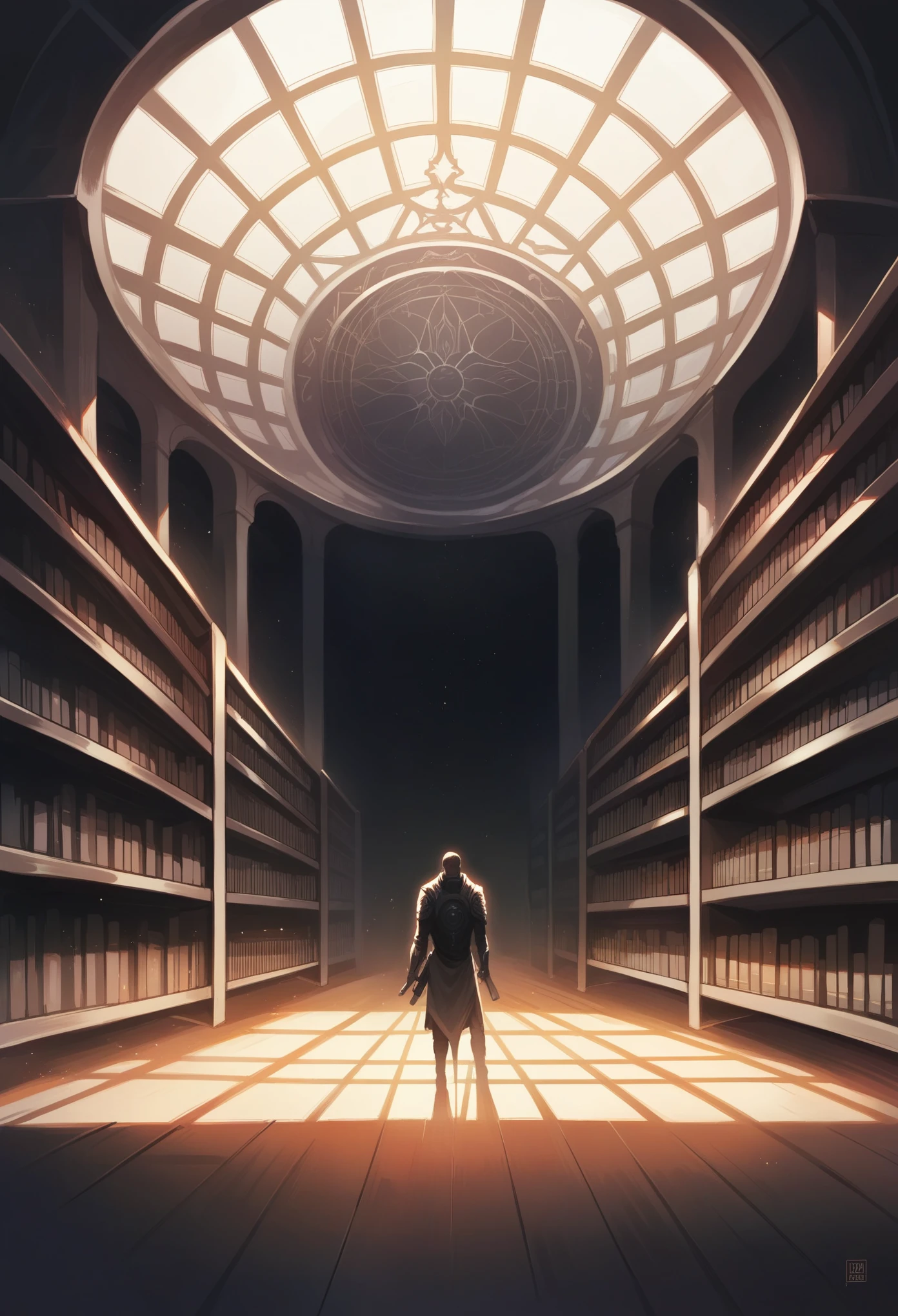background, architectural photograph, library, Moment of Despair, black background, inside, fantasy, wide shot, dust effect