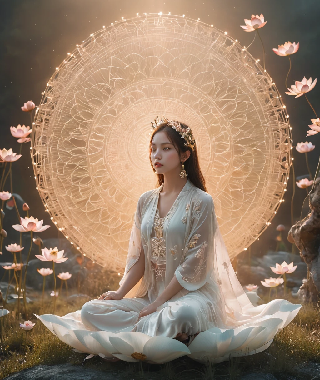 Lotus pose girl full body photography，Anatomically correct,Raw, Filming, (Be focused:1.5), (Reality:1.4), Dusk lighting, Volumetric Lighting, Ultra-high resolution, 16K,Dramatic Lighting, White background：1.5）（tangled，Mandala，dispute，Entanglement：0.7）Fox Demon，Fox Mask，short jacket, Foxfire Curse, fox family, Transformation, Depth of Field, Dreamy atmosphere, The most beautiful chaos, grace, Brutalist Design Dark Theme, Flower of Death, Flowers of ecstasy，Glowing Line,Glow Example，Tracking Example，flash， Backlight，translucent，Light Particles,HILL，exit