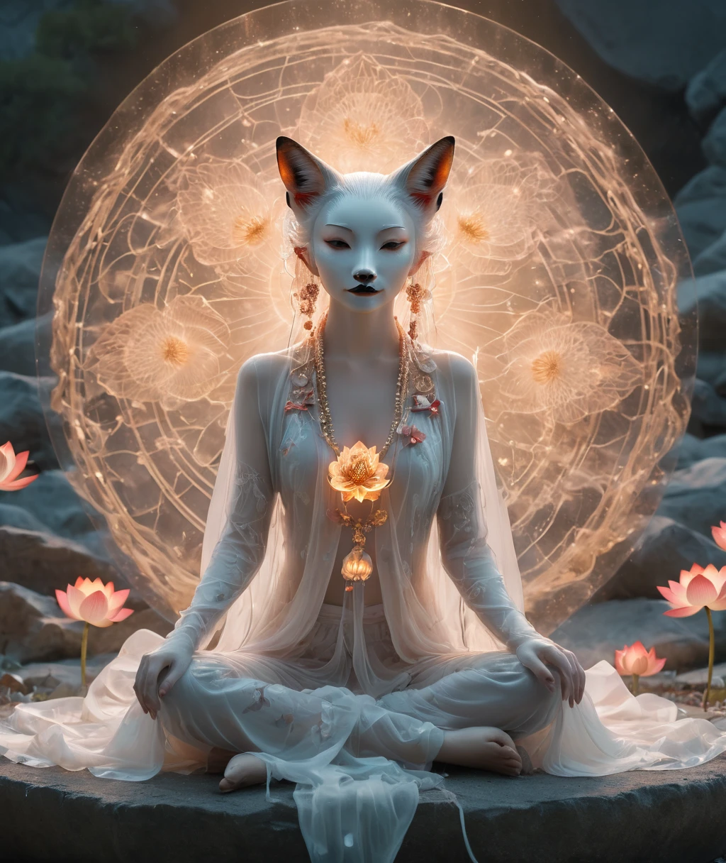 Lotus pose girl full body photography,Anatomically correct,Raw, Filming, (Be focused:1.5), (Reality:1.4), Dusk lighting, Volumetric Lighting, Ultra-high resolution, 16K,Dramatic Lighting, White background:1.5)(tangled,Mandala,dispute,Entanglement:0.7)Fox Demon,Fox Mask,short jacket, Foxfire Curse, fox family, Transformation, Depth of Field, Dreamy atmosphere, The most beautiful chaos, grace, Brutalist Design Dark Theme, Flower of Death, Flowers of ecstasy,Glowing Line,Glow Example,Tracking Example,flash, Backlight,translucent,Light Particles,HILL,exit