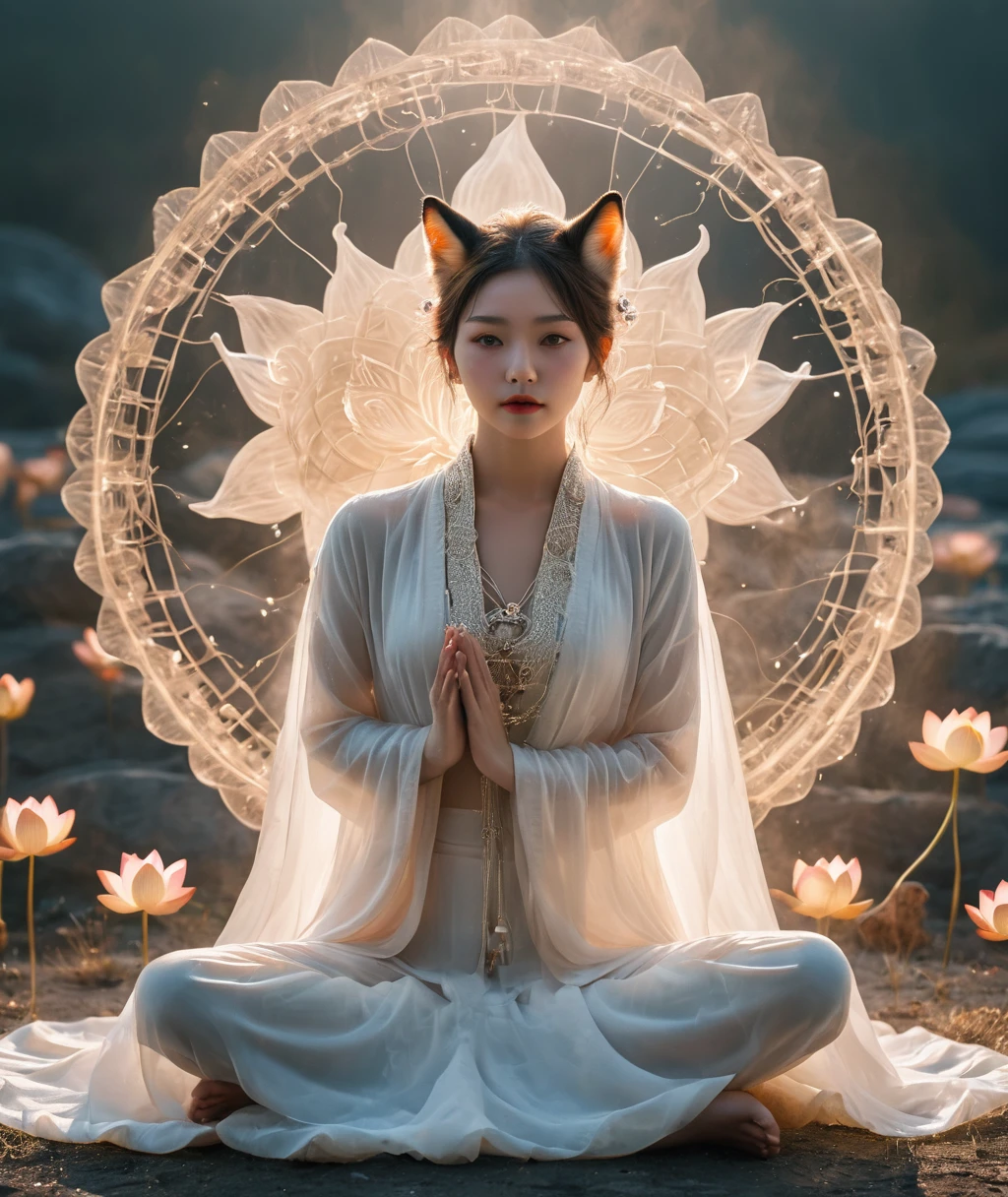Lotus pose girl full body photography,Anatomically correct,Raw, Filming, (Be focused:1.5), (Reality:1.4), Dusk lighting, Volumetric Lighting, Ultra-high resolution, 16K,Dramatic Lighting, White background:1.5)(tangled,Mandala,dispute,Entanglement:0.7)Fox Demon,Fox Mask,short jacket, Foxfire Curse, fox family, Transformation, Depth of Field, Dreamy atmosphere, The most beautiful chaos, grace, Brutalist Design Dark Theme, Flower of Death, Flowers of ecstasy,Glowing Line,Glow Example,Tracking Example,flash, Backlight,translucent,Light Particles,HILL,exit
